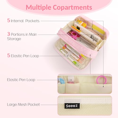 Sooez Large Pencil Case Pouch,Extra Big Pencil Bag with 8 Compartments,Pen Bag Wide Opening,Soft Quilted Pencil Pouch Organizer with Zipper,Portable Pencil Case for Teen Girls,Beige