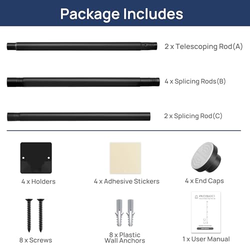 ENJOYBASICS 2 Pack Adjustable Spring Tension Curtain Rod 32 to 66 Inches, Stainless Steel Matte Black Shower Rod No Drilling, 7/8" Tension Rod for Window, Bathroom, Closet, Room Divider
