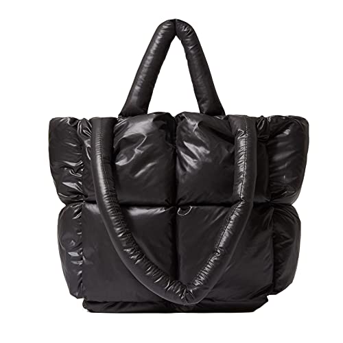 Puffer Tote Bag, Trendy Luxury Chic Quilted Large Padded Designer Handbags for Women Cotton Winter Soft Shoulder Bag for Women (Black)