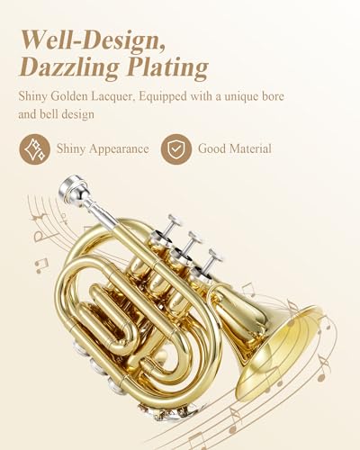 Eastar Pocket Trumpet B Flat Brass Bb Pocket Trumpet with Mouthpiece 7C, Cleaning Cloth, Hard Case, Gloves, Full Kit, Gold Lacquer, ETR-330