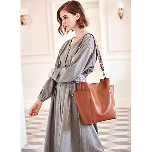 BOSTANTEN Genuine Leather Bucket Handbag Designer Hobo Shoulder Bags Tote Purses and Handbags Set with Clutch Purse Brown