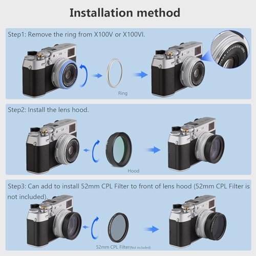 Haoge LUV-X54B Metal Lens Hood with MC UV Protection Multicoated Ultraviolet Lens Filter for Fujifilm X100VI Fuji X100V Camera Black