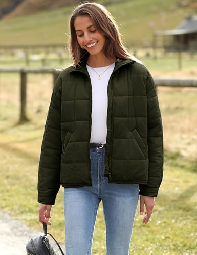 Huaqiao Womens Quilted Puffer Jackets Lightweight Zipper Short Winter Coat With Pockets(White-M)