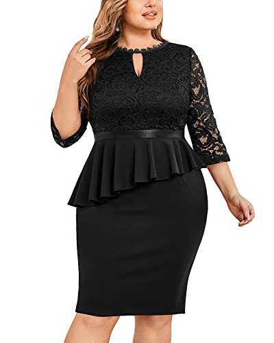 Miusol Women's Plus Size Lace Keyhole Neckline Peplum Bodycon Vintage Cocktail Party Dress A-Black