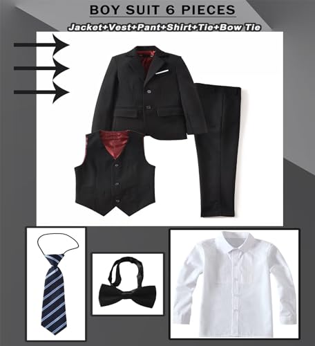 Fxzpiodi Suit for Boys Slim Fit Wedding Outfit Suit Size 2-20 Kids 6 Piece Tuxedo Solid Formal Dresswear of Jacket Vest Pants Shirt and Tie Black 20