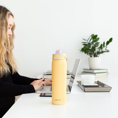 Ello Pop & Fill 22oz Stainless Steel Water Bottle with Quick Fill Technology, Double Walled and Vacuum Insulated Metal, Leak Proof Locking Lid, Sip and Chug, Reusable, BPA Free, Sunset Meadow