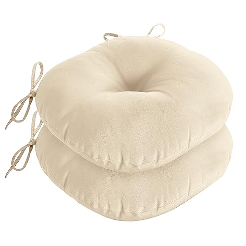 downluxe Bistro Chair Cushions for Patio Furniture, Water-Resistant Round Outdoor Chair Cushions Set of 2 with Non-Slip Ties, 15" x 15", Beige