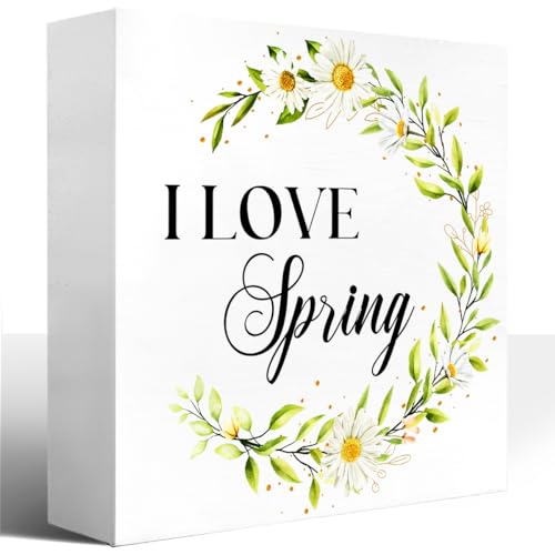 Spring Wooden Desk Sign,Funny Spring Sign,I Love Spring Wood Block Signs Desk Decor,Spring Decorations for Home Shelf Table Decor-2