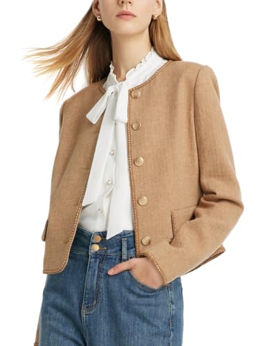 GOELIA Womens Cropped Blazer, Black Tweed Blazer Jackets Businesss Casual Work Buttons V-Neck Vintage Knit Womens Blazer