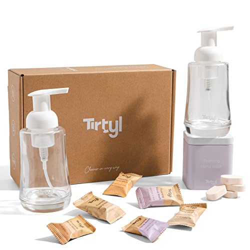 Tirtyl Hand Soap Duo Kit - 2 Glass Foaming Dispensers + Storage Tin + 6 Tablet Refills (48 fl oz total - 6x 8 fl oz) - NEW Formula - Compostable Packaging - Variety Fragrances