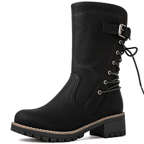 GLOBALWIN Women's Biker Boots Lace up Mid Calf Motorcycle Fashion Festival Boots Combat Riding Military Boots for Women Black Size 11