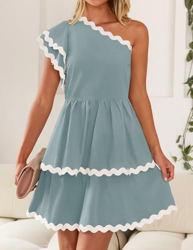 ZESICA Women's 2024 Summer One Shoulder Dresses Ruffle Short Sleeve Tiered Layered Swing A Line Mini Sundress,Black,Small
