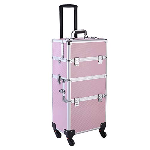 Karl home 3 in 1 Makeup Train Case Rolling Cosmetic Trolley Large Capacity Travel Organizer with Key 360°Swivel Wheels Suitcase for Beauticians Hairstylists Nail Tech Students, Pink
