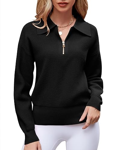 Micoson Apricot Sweaters for Women Fashion Long Sleeve Quarter Zip Pullover Waffle Knit Shirt Soft V Neck Knit Tops for Teen Girls Winter Clothing S