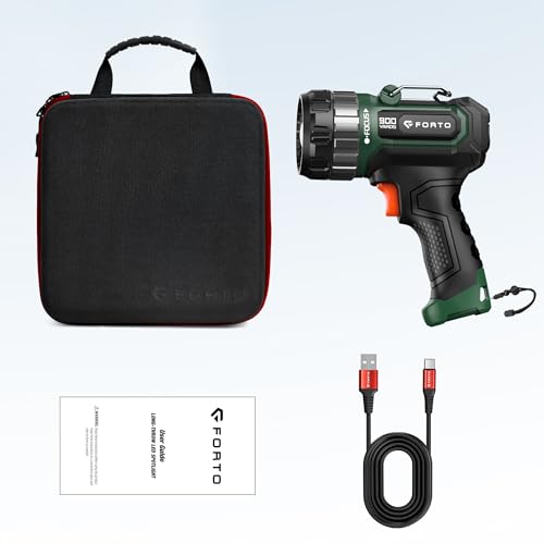 FORTO Compact Rechargeable Spotlight with Adjustable Focus, Handheld Spotlight with Stand, 823m Range, 3 Light Modes and LED Spot Lights Outdoor for Boating Hunting Camping Hiking,1400 Lumens