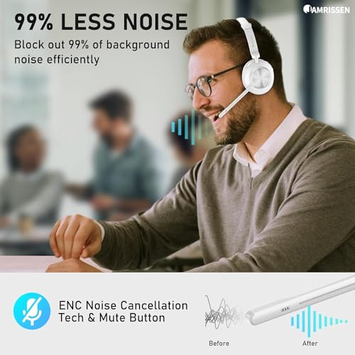 Jamrissen Wireless Headset, Bluetooth Headset with Microphone Noise Cancelling, 45+Hrs Talktime Bluetooth Headset with Mic Mute & USB Dongle for PC/Computer/Laptop/Cell Phones/Remote Work/Call Center