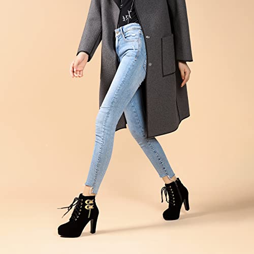 Susanny Womens Black Platform High Heel Boots Vintage Lace up Round Toe Suede Block Heeled Short Ankle Booties 12