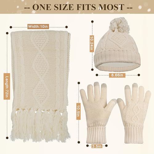 Hat Gloves Scarf Set for Women, Winter Beanie Warm Knit Pom Hat Touch Screen Glove Long Scarf 3pcs Winter Gift Set for Women