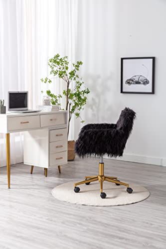 HomVent Fluffy Desk Chair Pink Faux Fur Vanity Chair Adjustable Swivel Computer Chair on Wheels Height Adjustable Cute Desk Chair for Makeup Room Teen Girls Bedroom Home Office (Black 2 A)
