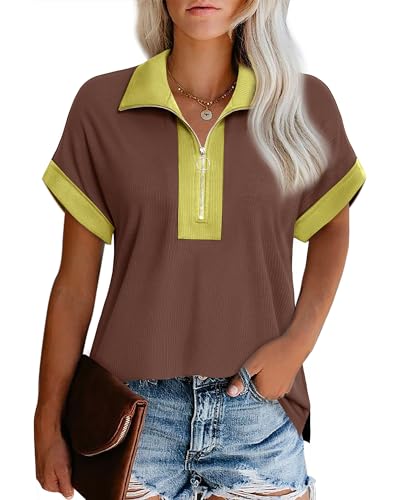 Vivilli Casual Tops for Women: School Outfits for Teachers Summer Women's Polo Shirts Work Trendy Dressy Casual Short Sleeve Business Ladies Zipper Collared V Neck Golf Shirts Grey L