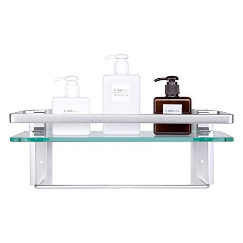 Vdomus Glass Bathroom Shelf with Hand Towel Bar, Rectangular Wall Mounted Bathroom Shelf Storage Extra Thick Tempered Glass, 15.2x4.5 inches with Brushed Silver Finish