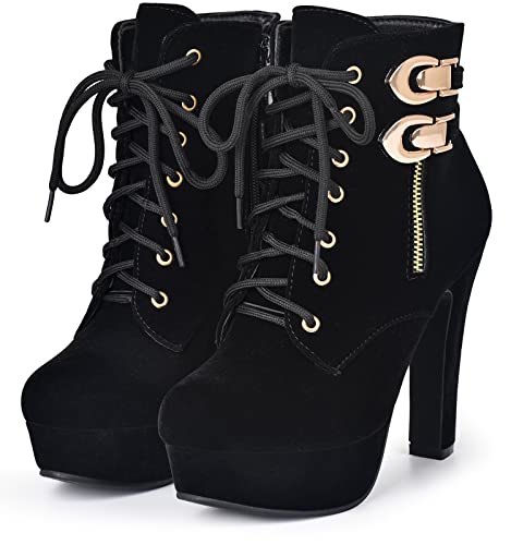 Susanny Womens Black Platform High Heel Boots Vintage Lace up Round Toe Suede Block Heeled Short Ankle Booties 12
