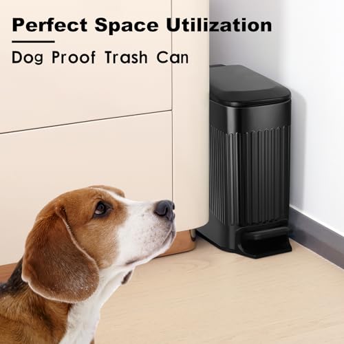 TIPGO Slim Bathroom Trash Can with Lid Soft Close, 6 Liter / 1.6 Gallon Stainless Steel Garbage Can with Removable Inner Bucket, Foot Pedal, Small Trash Cans for Bedroom, Office, Kitchen (Black)