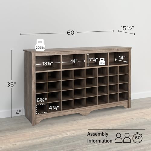 Prepac Gray Console Table, Shoe Cabinet, Storage Cabinet with 32 Shoe Cubbies and 4 Large Storage Cubbies 15.5" D x 60" W x 35" H