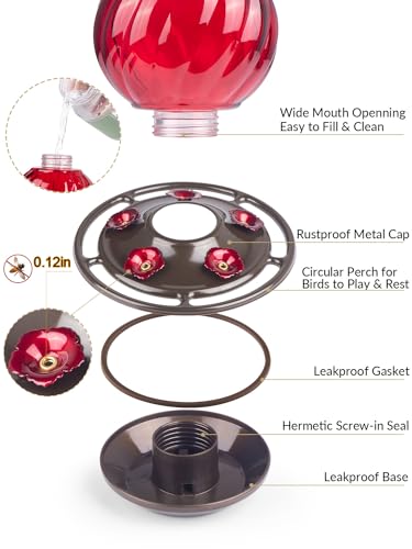 Hummingbird Feeder, Auslar 26 Ounces Glass Hummingbird Feeders for Outdoors Hanging Ant and Bee Proof, Ant Moat & 5 Flower Feeding Ports, Rustproof, Leakproof, Netted Flower Bud Shape Bottle, Red