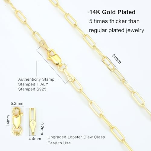Waitsoul 925 Sterling Silver Paperclip Chain Lobster Clasp 4mm 18k Gold Over Paperclip Link Curb Chain Necklace for Women Men Diamond Cut 16-30 Inches(20)