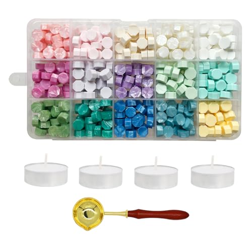 400pcs Wax Seal Beads Kit 15 Pastel Colors Octagon Wax Stamp Beads with Wax Seal Spoon, Wax Seal Kit for Gift and Decoration (15-Warm Colors)