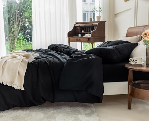 FOSSA Duvet Cover Set, 100% Washed Cotton Linen Feel Super Soft Breathable Cozy Simple Style 3 Pieces Bedding Sets Solid Off White California King