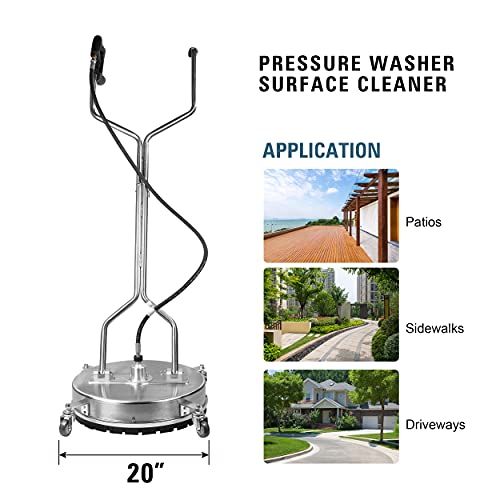 WOJET 20" Pressure Washer Surface Cleaner with 4 Wheels&Dual Handles, 4500PSI Stainless Steel Surface Cleaner Attachment for Pressure Washer for Concrete Driveway Sidewalk Deck Patio, Commercial Grade