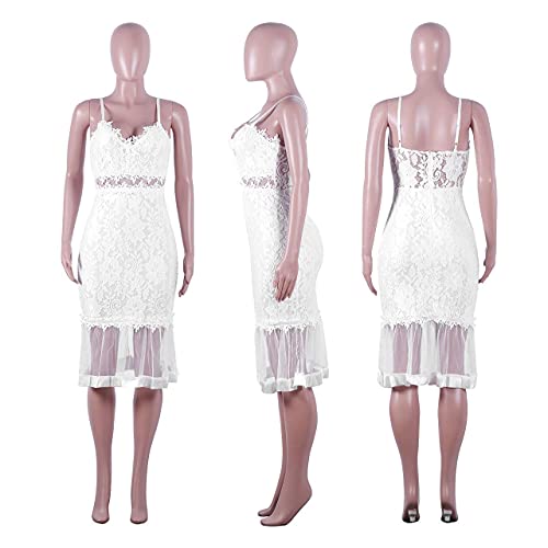 Women Sexy Long Sleeve Floral Lace Dress Mesh Sheer Spaghetti Strap Prom Gowns Bodycon Mermaid Midi Dress
