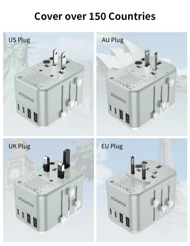 MOMAX Universal Travel Adapter, 70W GaN International Power Adapter, 3 USB-C & 2 USB-A, Worldwide Travel Plug Adapter, International Power Adapter for Most Europe, USA, Japan, Australia (Type C/A/G/I)