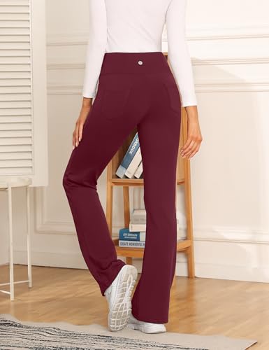 Desol Fleece Lined Pants for Women, Waterproof Yoga Flare Leggings with 4 Pockets,Thermal Warm Work Pants for Winter,Burgundy, Small