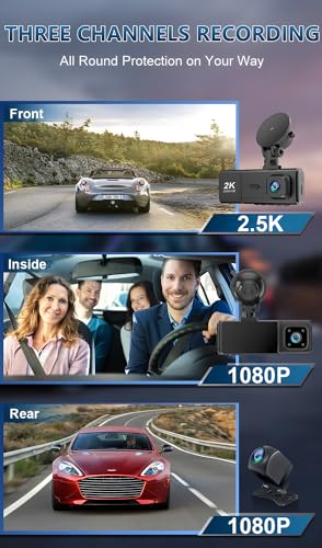 Dash Cam Front and Rear Camera 3 Channel 2.5K+1080P+1080P, Dash Cam Front and Inside Camera Included 64GB Card, Dash Camera for Cars with Infrared Night Vision, Parking Monitor, Accident Lock