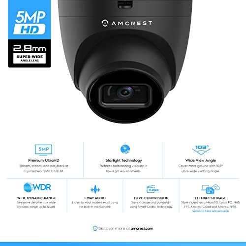 Amcrest 5MP POE Security Camera System Outdoor, 8CH POE NVR, 4pcs 5MP Turret Cameras, IP67 Metal Turret IP Cameras, Built in Mic, Pre-Installed 2TB Hard Drive, NV4108E-IP5M-T1179EB4-2TB