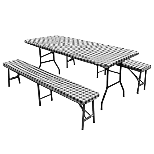 Easy-Going 100% Waterproof Picnic Outdoor Tablecloth with Bench Covers Fit 6 Foot Rectangle Table, 3-Piece Set Camping Table Cover with Seat Covers (30x72 in, Black-Checkered)