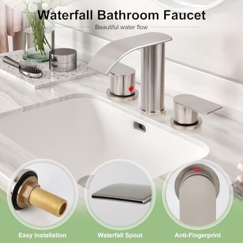 M OUDEMEI 3 Holes Waterfall Bathroom Faucet, 8 Inch Widespread Bathroom Sink Faucet, Two Handles Lavatory Vanity Sink Faucets with Pop-up Drain (Brushed Gold)