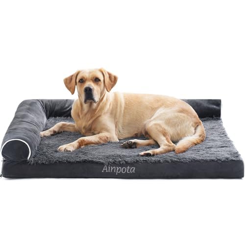 Ainpota Dog Bed for Large Dogs Orthopedic Dog Beds XL 42inch Plush L-Shaped Dog Couch with Removable Washable Cover, Eggs Crate Foam Pet Bed with Waterproof Lining, Dog Sofa for Big Dog Up to 95lb