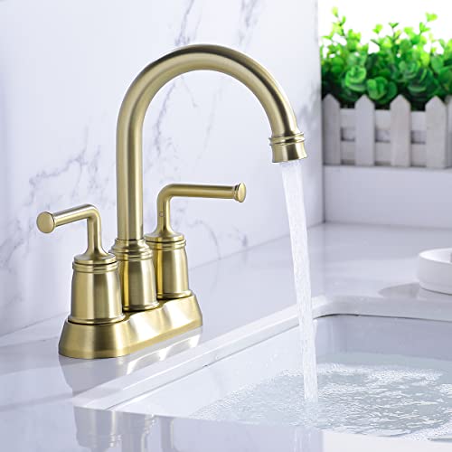 TRUSTMI Centerset Bathroom Faucet 4 Inch Vanity Sink Hot Cold Faucet with Overflow Drain and Waterlines, Brushed Gold