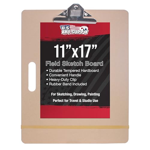 U.S. Art Supply 11" x 17" Artist Sketch Tote Board - Lightweight Hardboard Drawing Board with Handle, Clip & Rubber Band for Art, Sketching, Travel, Studio