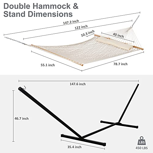 SUNCREAT Hammocks Double Cotton Rope Hammock with Polyester Pad, Heavy Duty Hammock with Steel Stand, Blue&Green