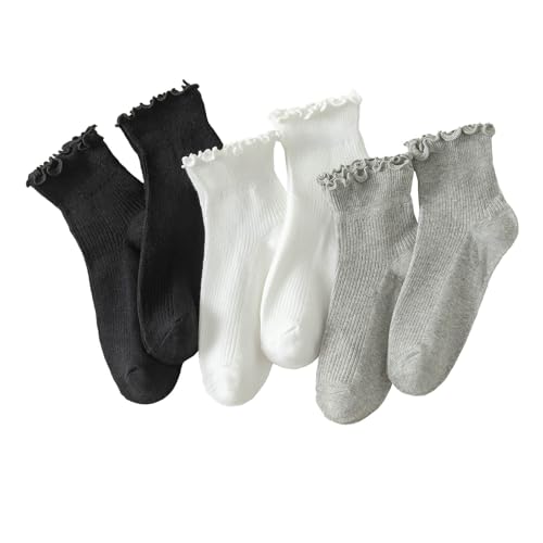 Hstyle Ruffle Socks Women, Ruffle Turn-Cuff Casual Cute Girl Ruffle Socks Breathable Cool Ruffle Ankle Socks 6 Pairs of Black