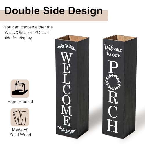 Glitzhome 30" H Wooden Rustic Welcome Porch Sign, Boxed Double Sided Rustic Home Porch Sign for Front Porch Decor, Black