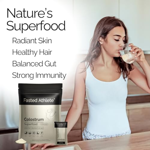 Fasted Athlete Colostrum Supplement for Gut Health, Grass Fed Colostrum Powder, 50% IgG, Skin & Hair, Muscle Recovery, Immunity, Energy - Unflavored, 30 Serving Packets