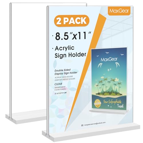 MaxGear Acrylic Sign Holder 8.5x11 Inches 2 Pack, Double Sided Clear Display Stand Table Top Sign Paper Holder, Vertical Menu Flyer Holder, Plastic Sign Frame for Stores, Restaurants, Hotels, Office