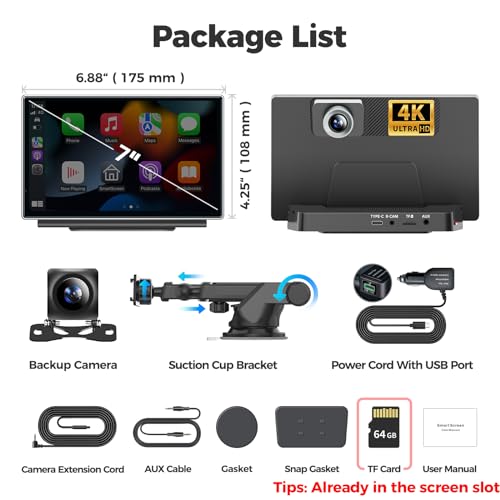 JATAZA 7" Wireless Apple CarPlay Android Auto Screen for Car - 4K Dash Cam, GPS Navigation, HD Touchscreen, AirPlay, 1080P Backup Camera, Car Stereo