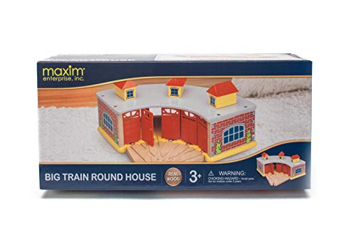 maxim enterprise, inc. Wooden Train Round House with 5-Way Switch Track for Kids, Wood Train Shed with 5 Doors. Houses 5 Engines & Cars, Compatible with Major Brand Wooden Railways